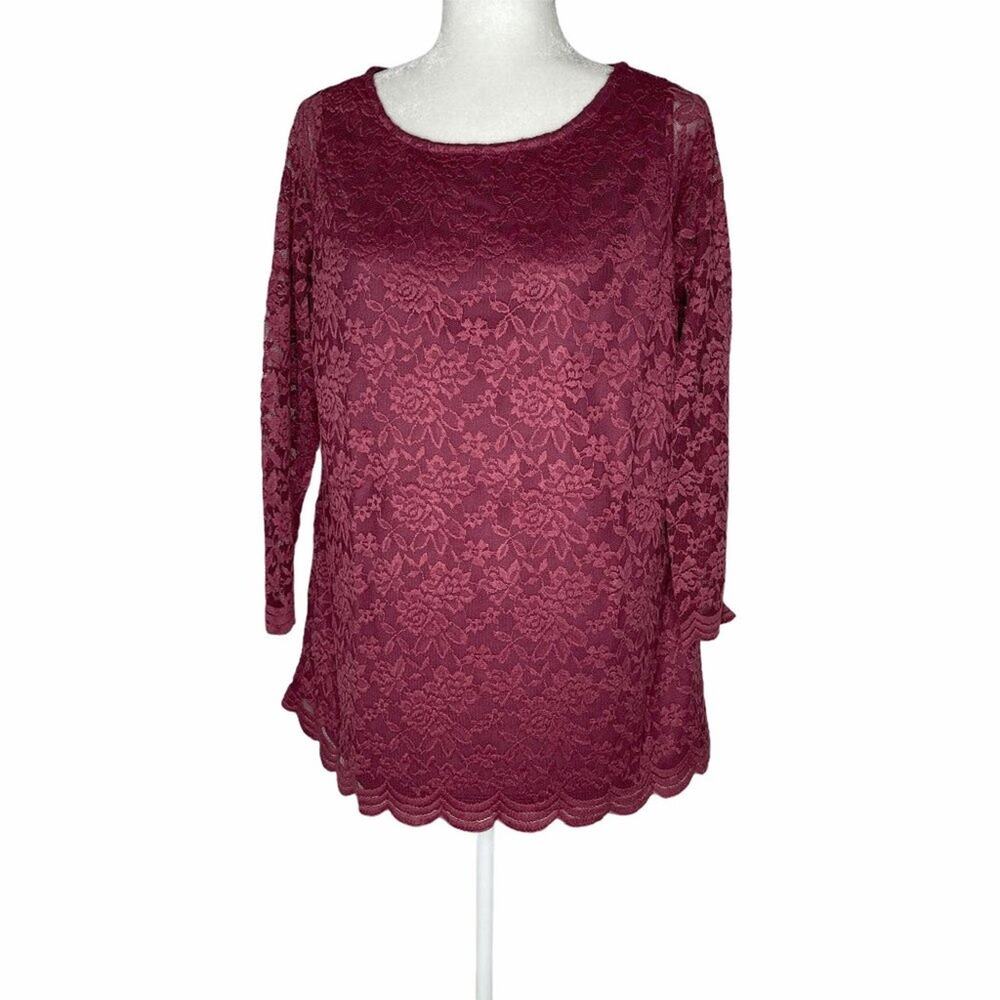 Roaman's Burgundy Lace Long Sleeved Scoop Neck Blouse Size 12 - Picture 2 of 8